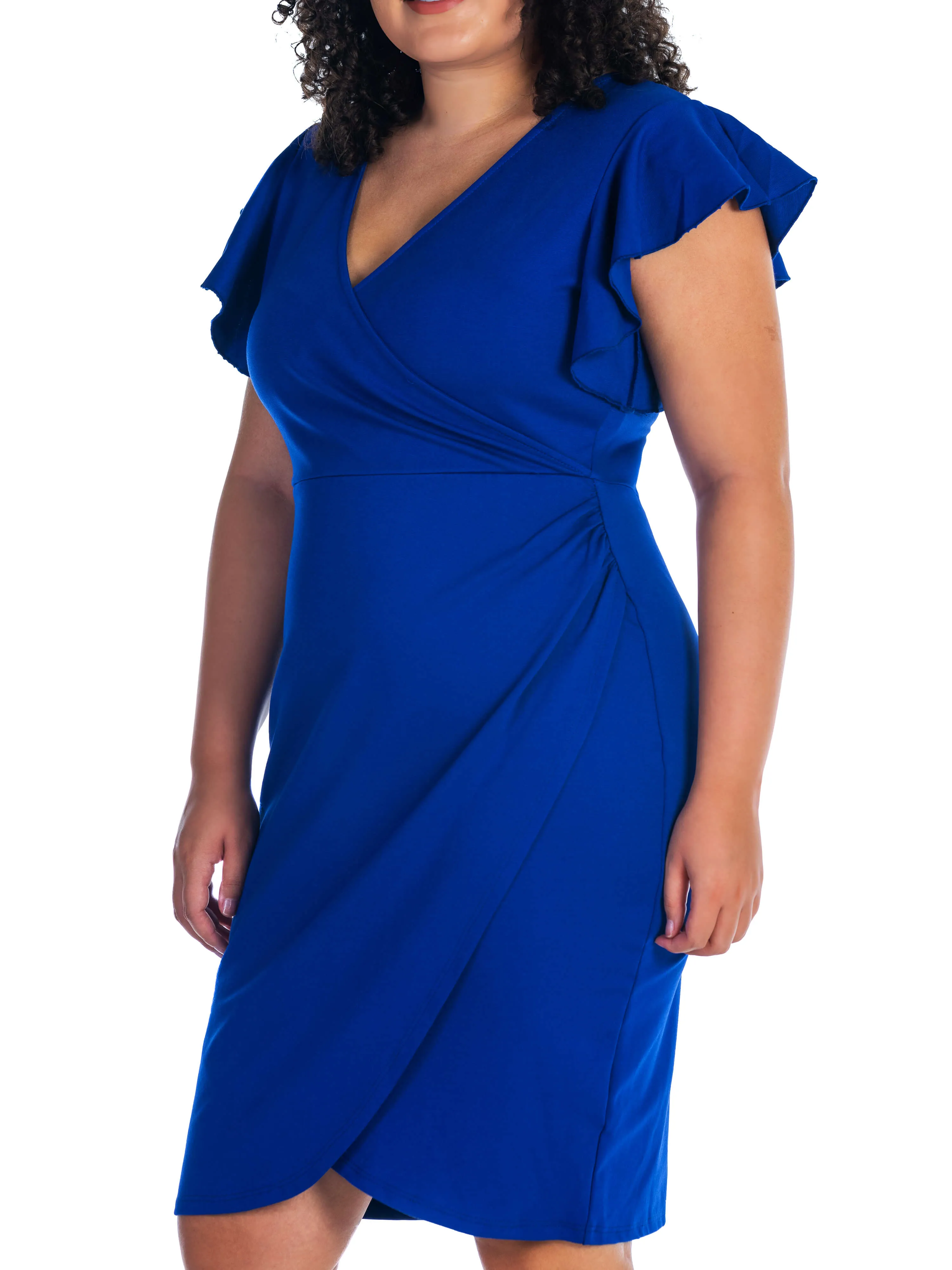 V Neck Ruffle Sleeve Knee Length Plus Size Dress