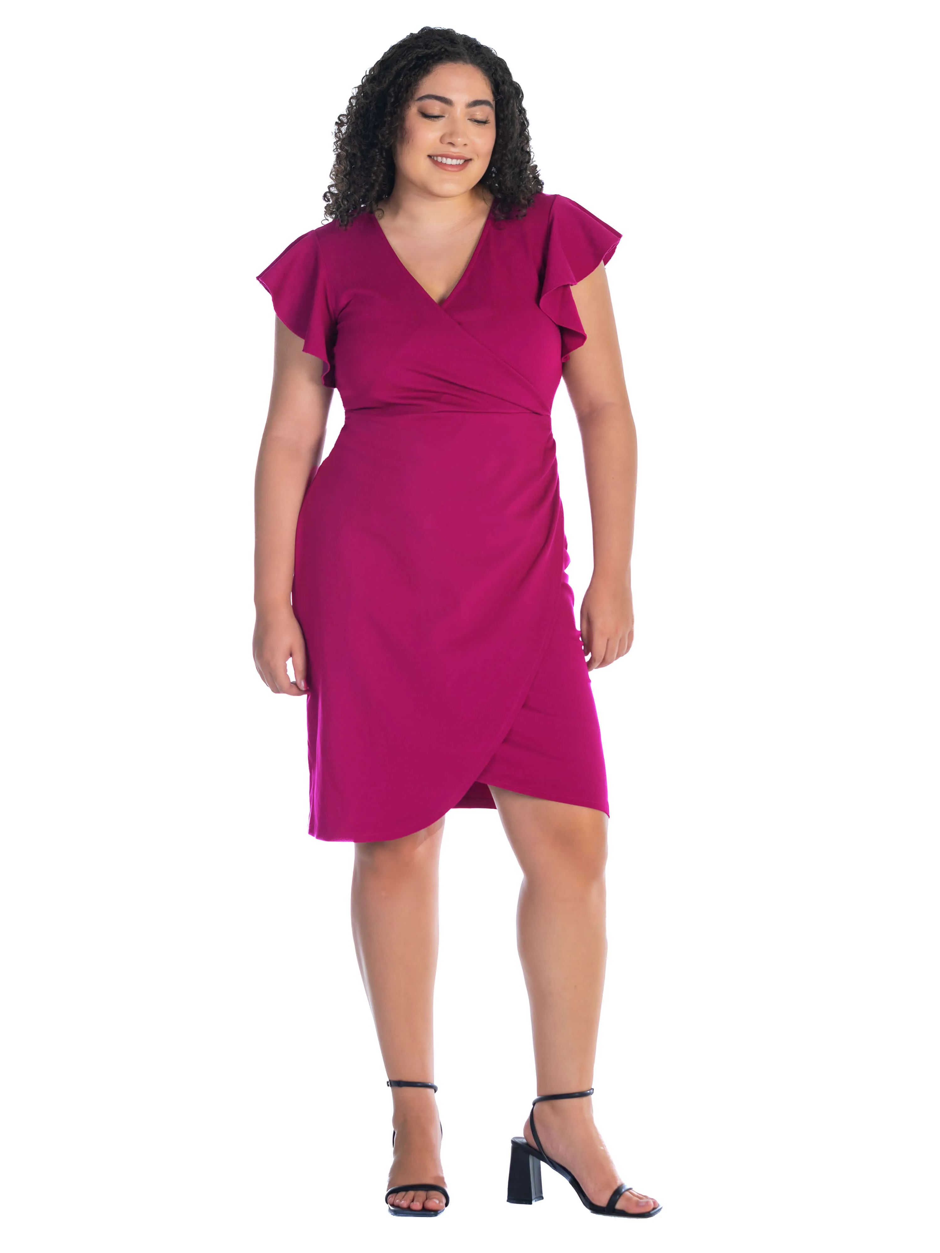 V Neck Ruffle Sleeve Knee Length Plus Size Dress