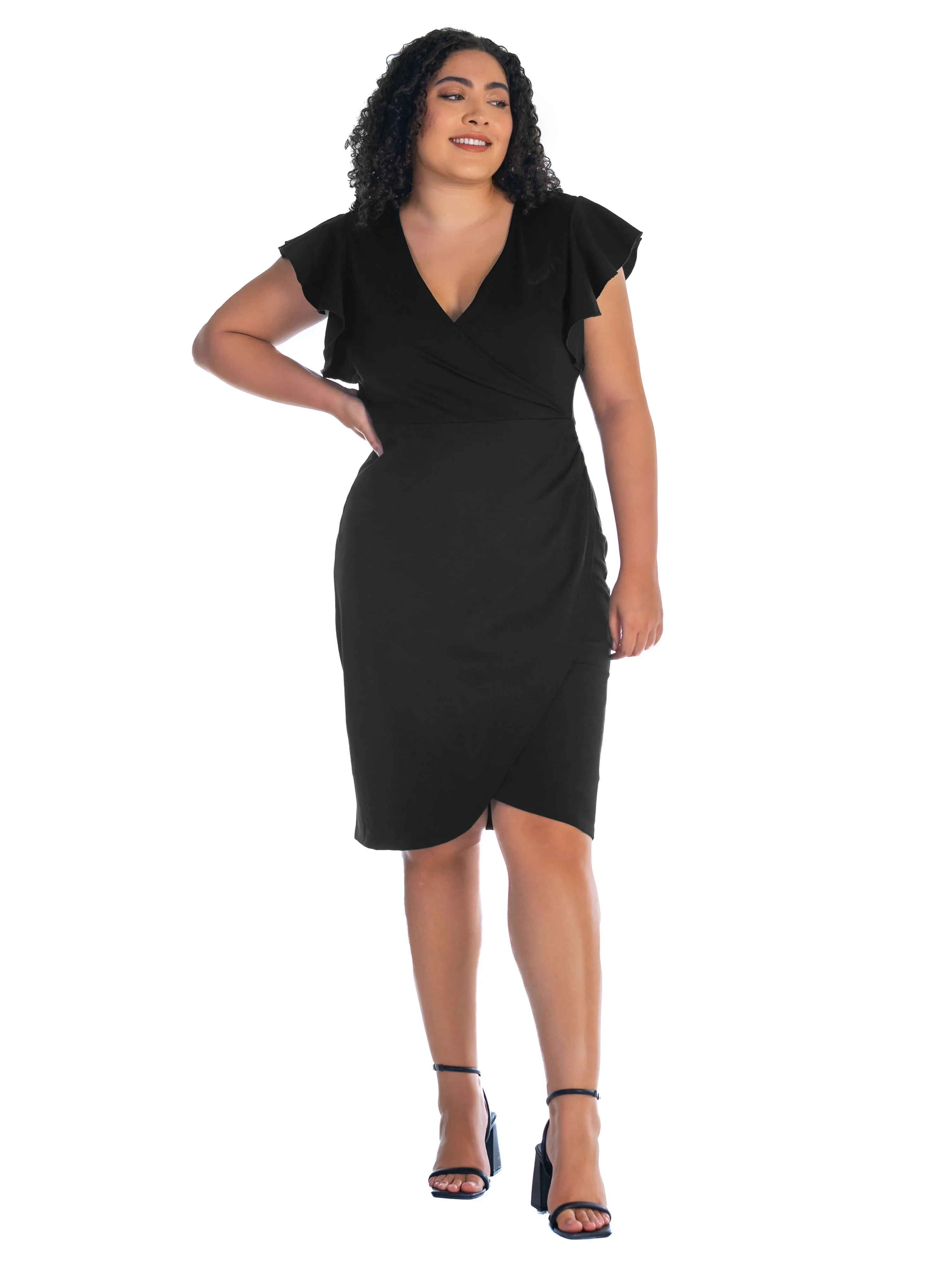 V Neck Ruffle Sleeve Knee Length Plus Size Dress