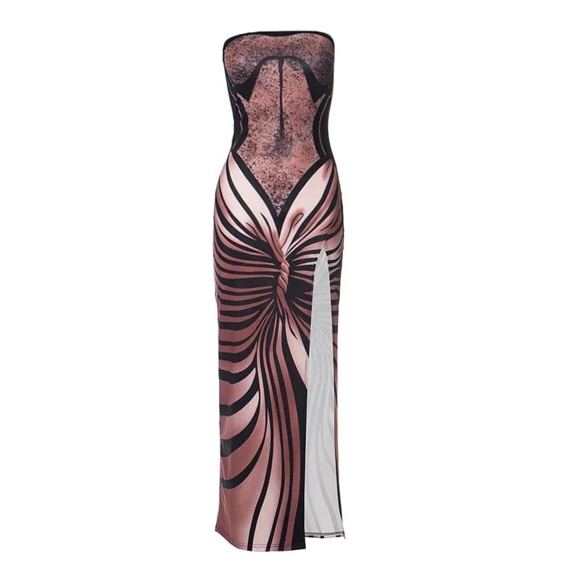 Vintage Butterfly Print Dress: Women's Strapless Wrap Gown with High Split