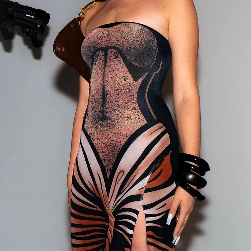 Vintage Butterfly Print Dress: Women's Strapless Wrap Gown with High Split