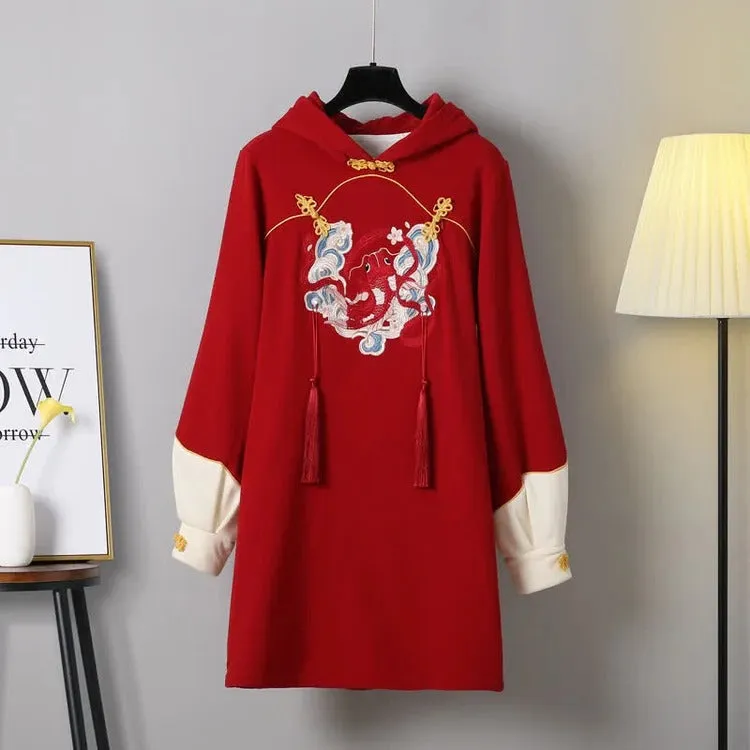 Vintage-Inspired Koi Fish Embroidered Hoodie Dress in Apricot