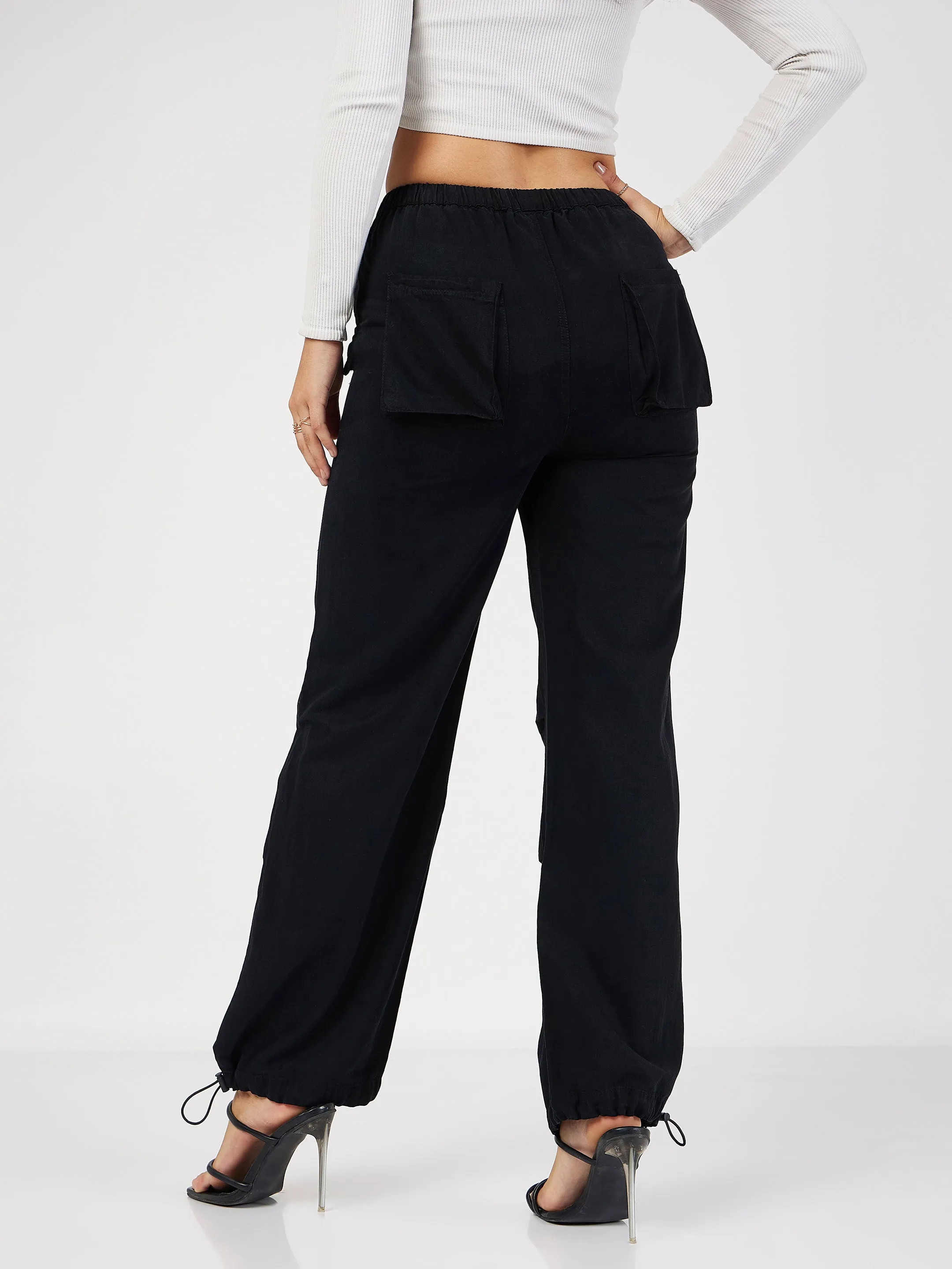 Women Black Denim Baggy Fit Cargo Pants