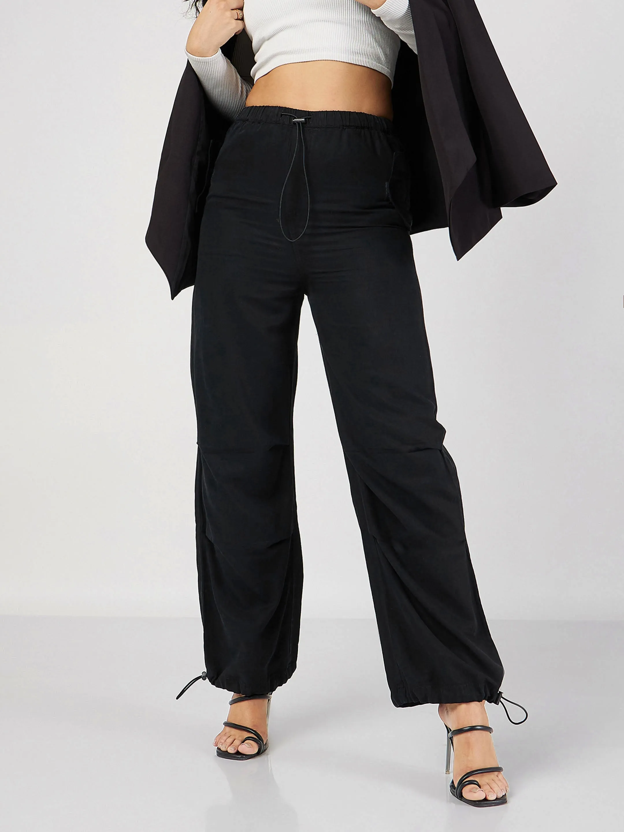 Women Black Denim Baggy Fit Cargo Pants