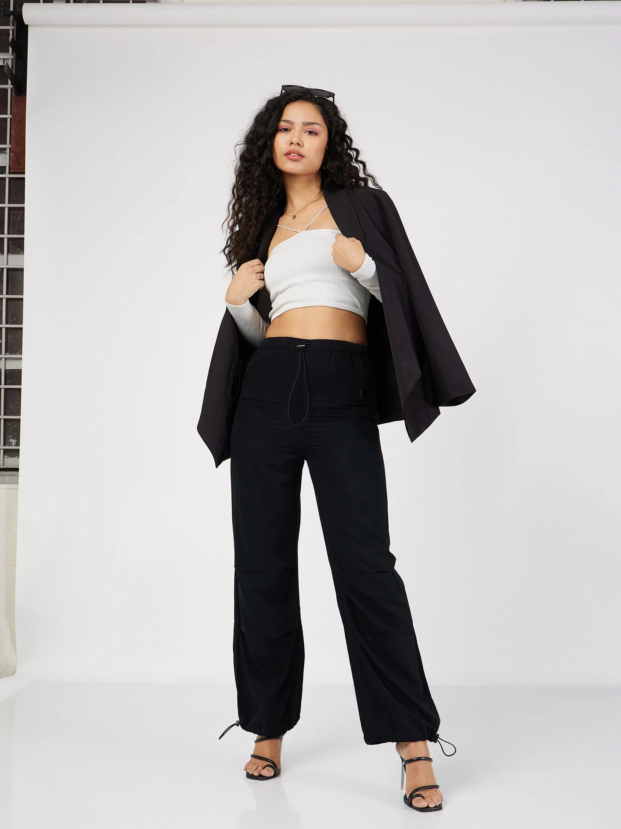 Women Black Denim Baggy Fit Cargo Pants