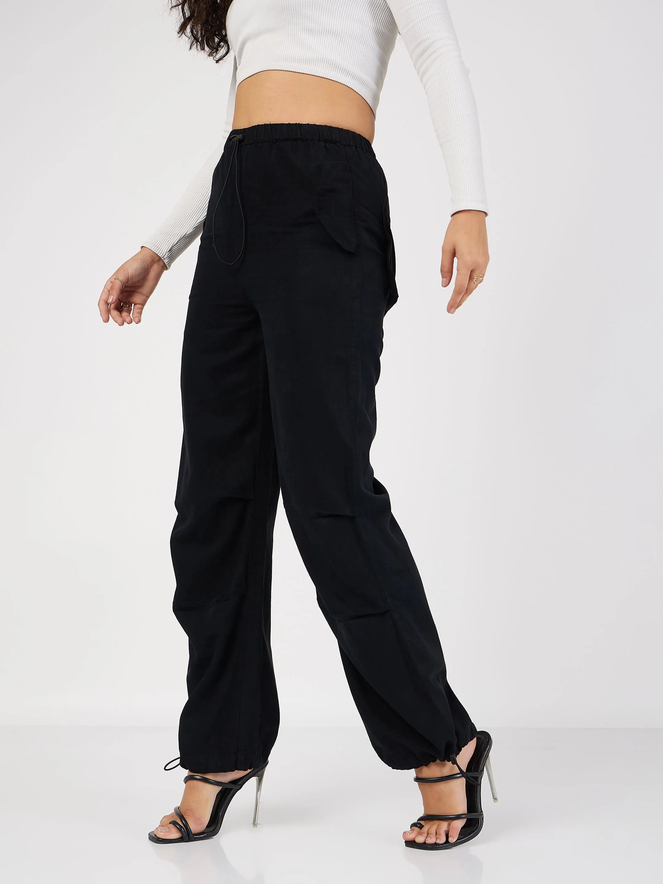 Women Black Denim Baggy Fit Cargo Pants