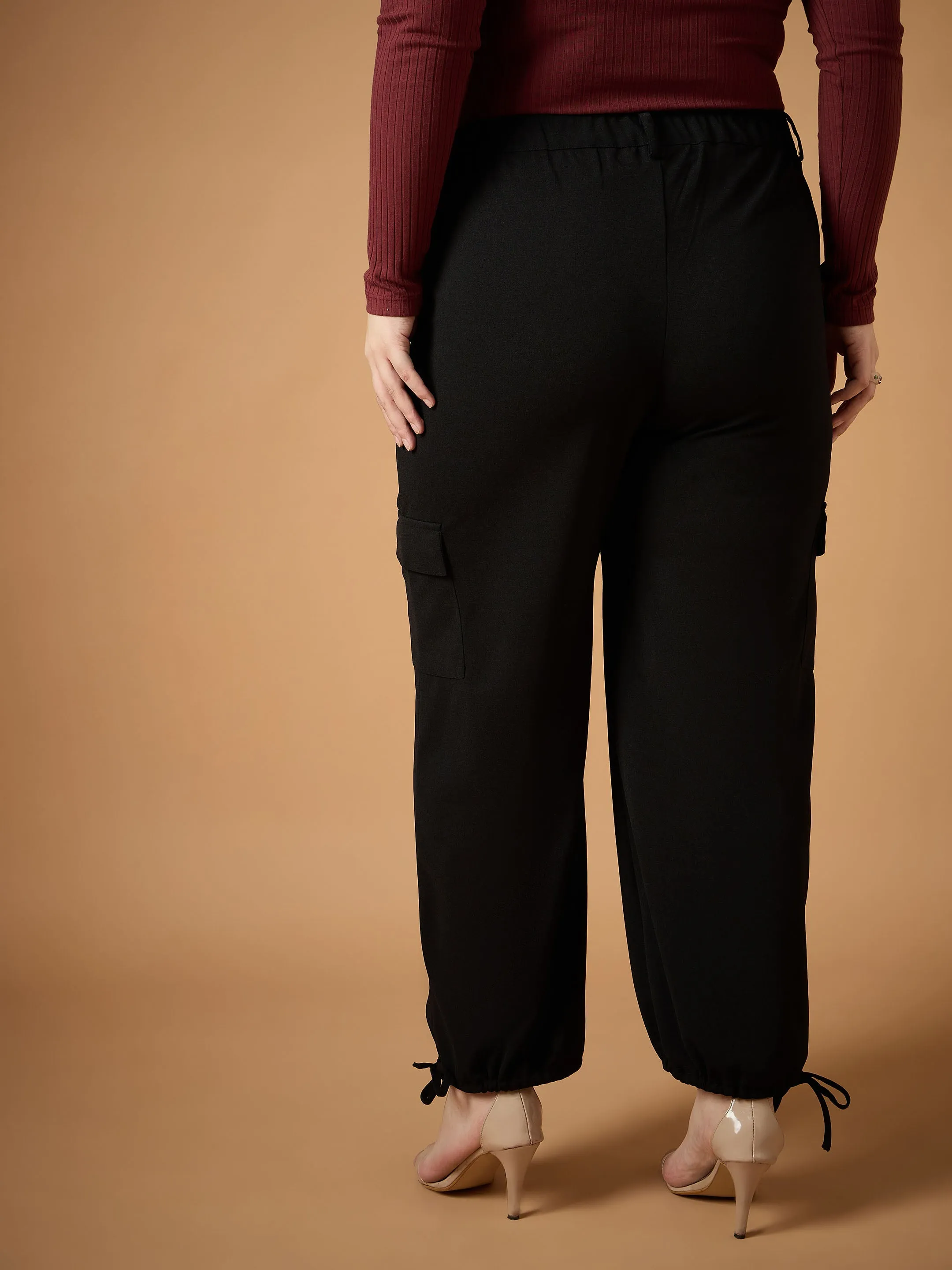 Women Black Solid Pull Hem Cargo Pants