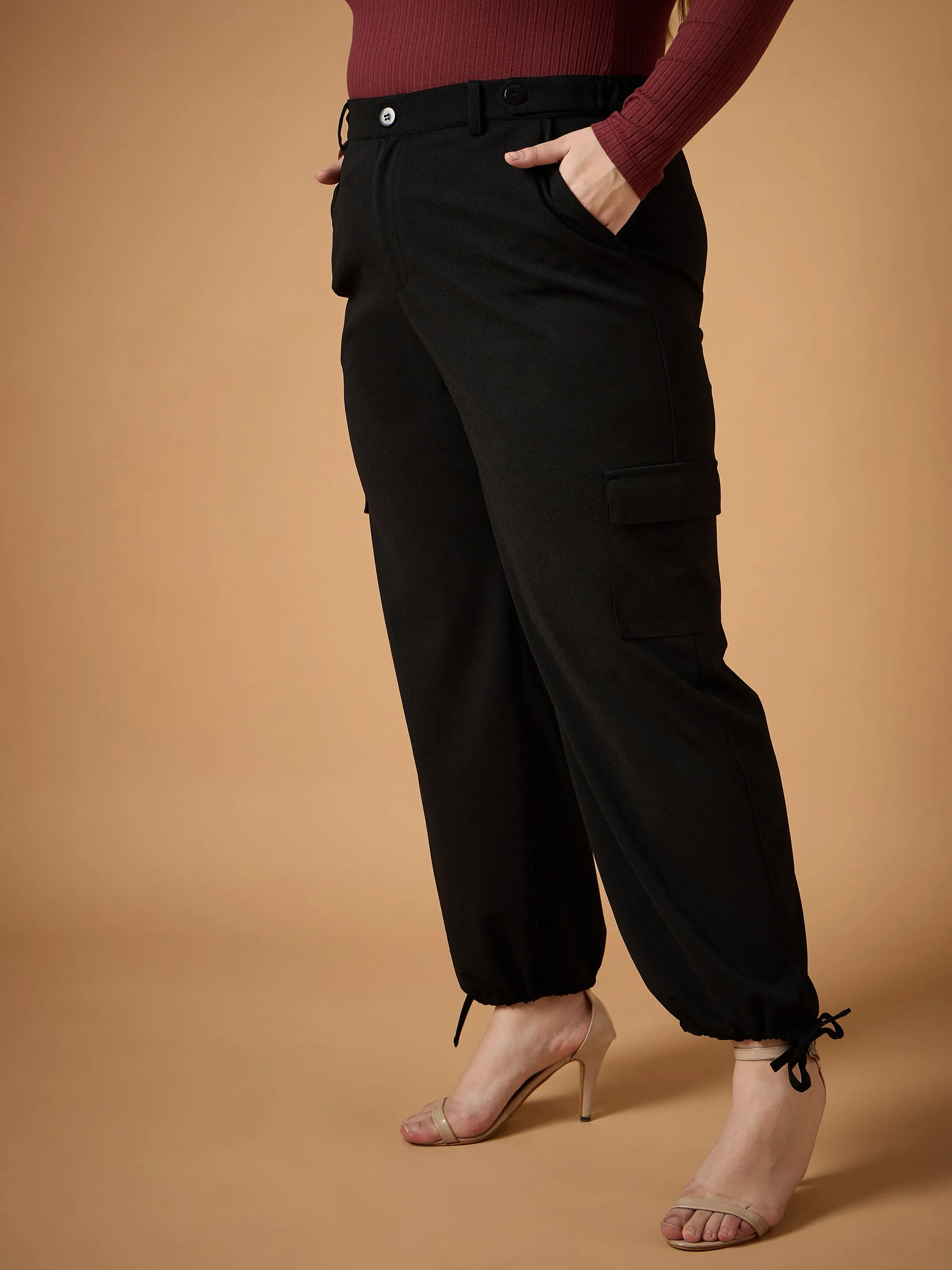 Women Black Solid Pull Hem Cargo Pants