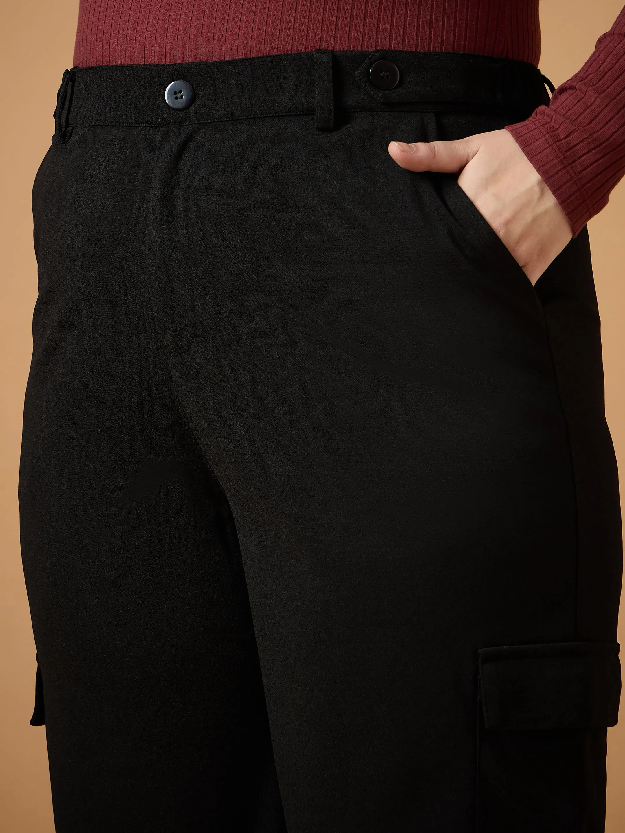 Women Black Solid Pull Hem Cargo Pants