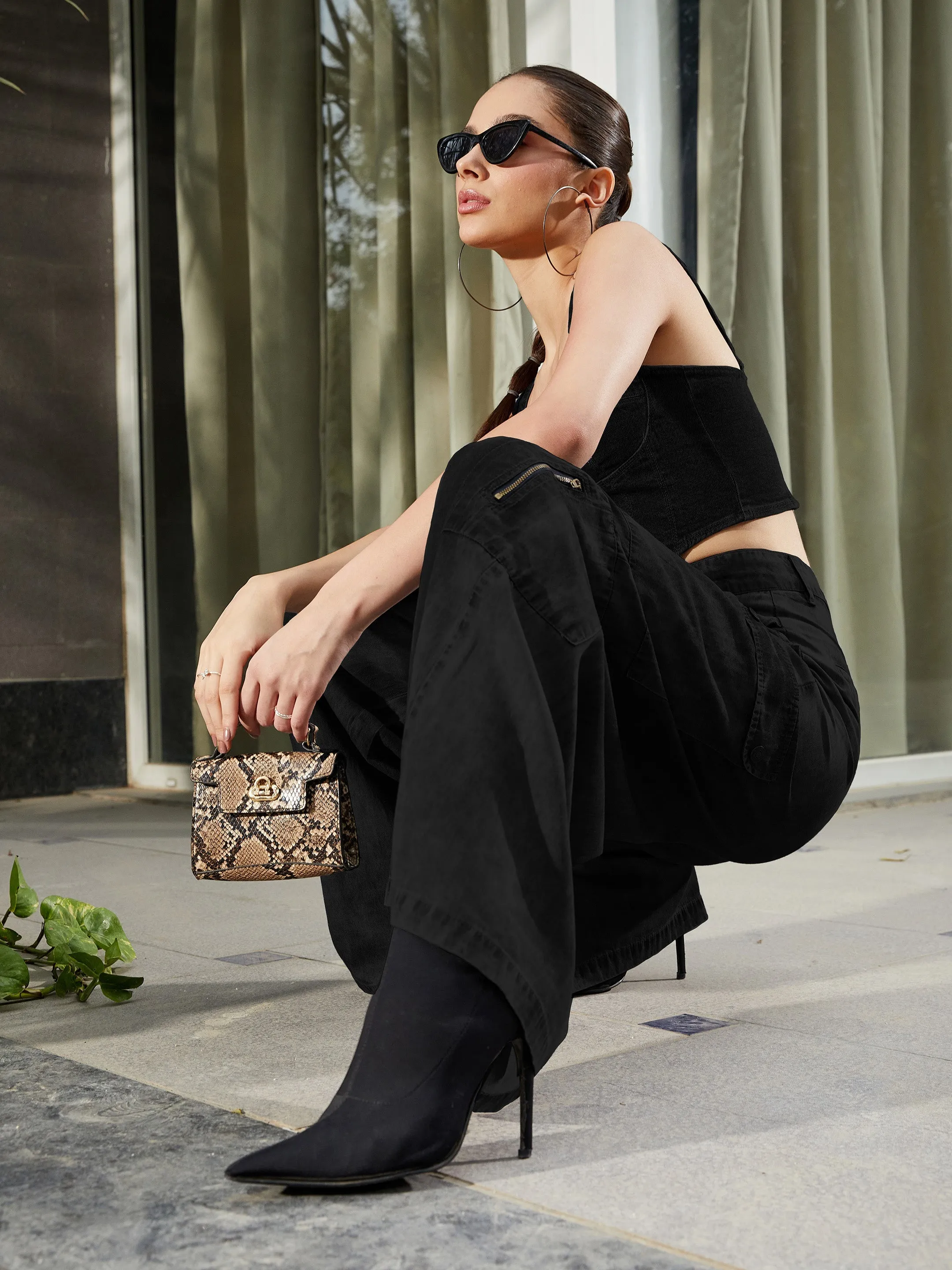 Women Black Tencel Wide Leg Pants