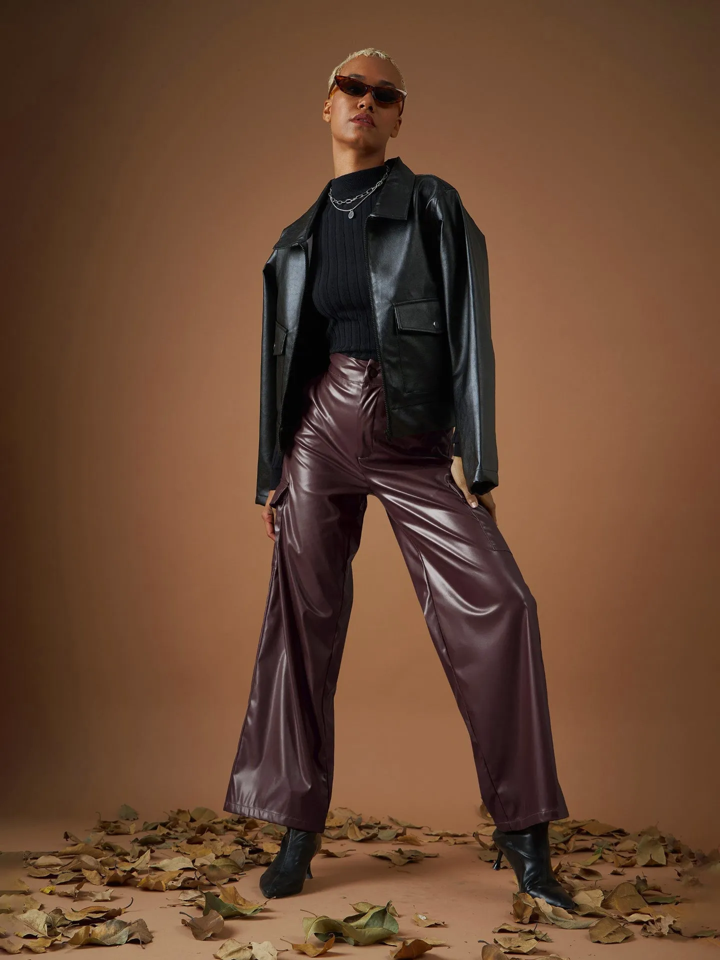 Women Maroon PU Flap Pocket Straight Pants