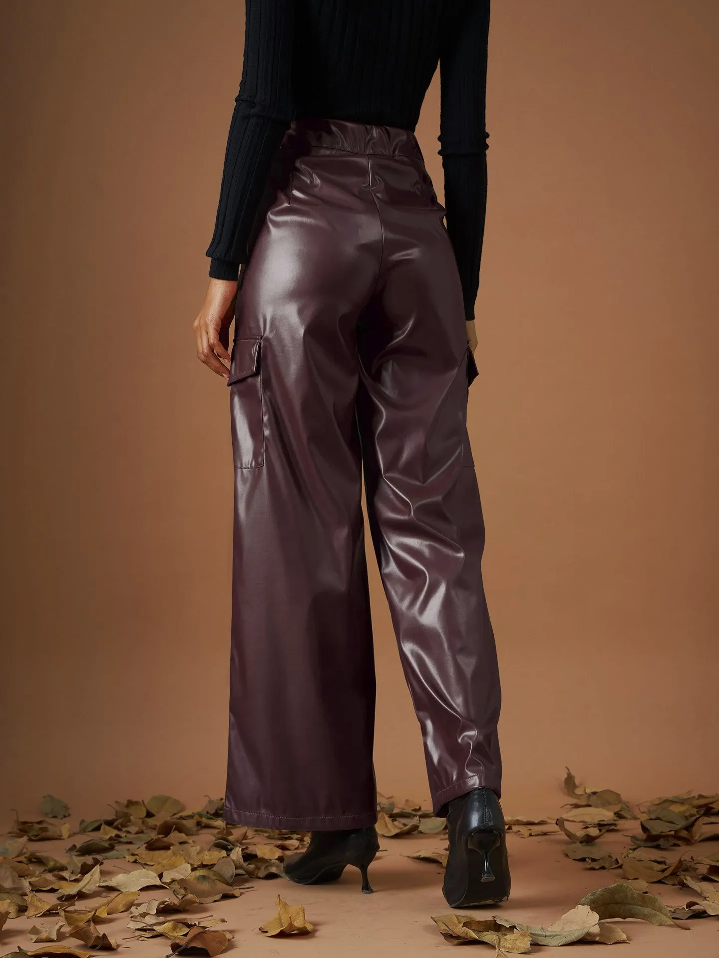 Women Maroon PU Flap Pocket Straight Pants