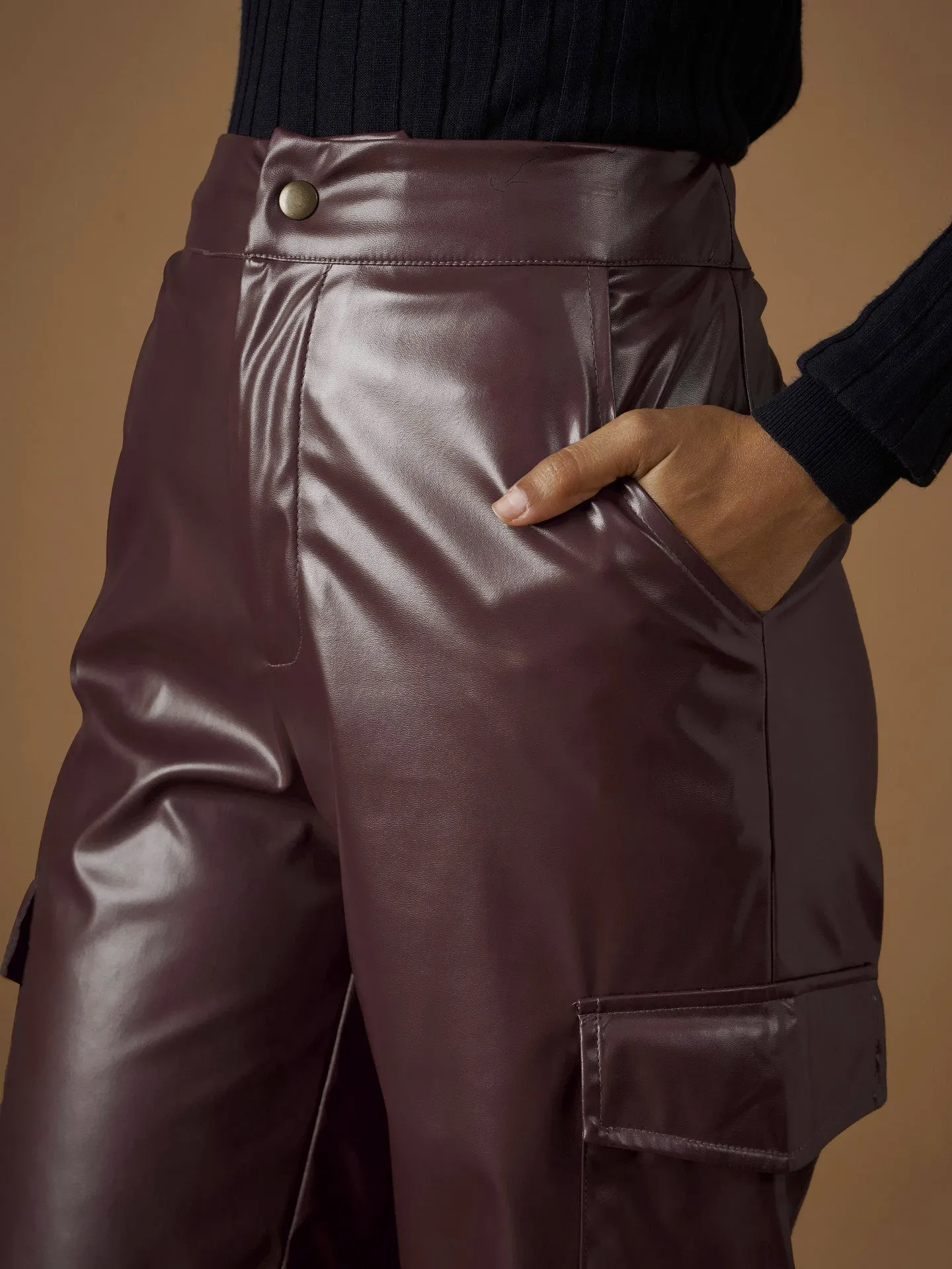 Women Maroon PU Flap Pocket Straight Pants