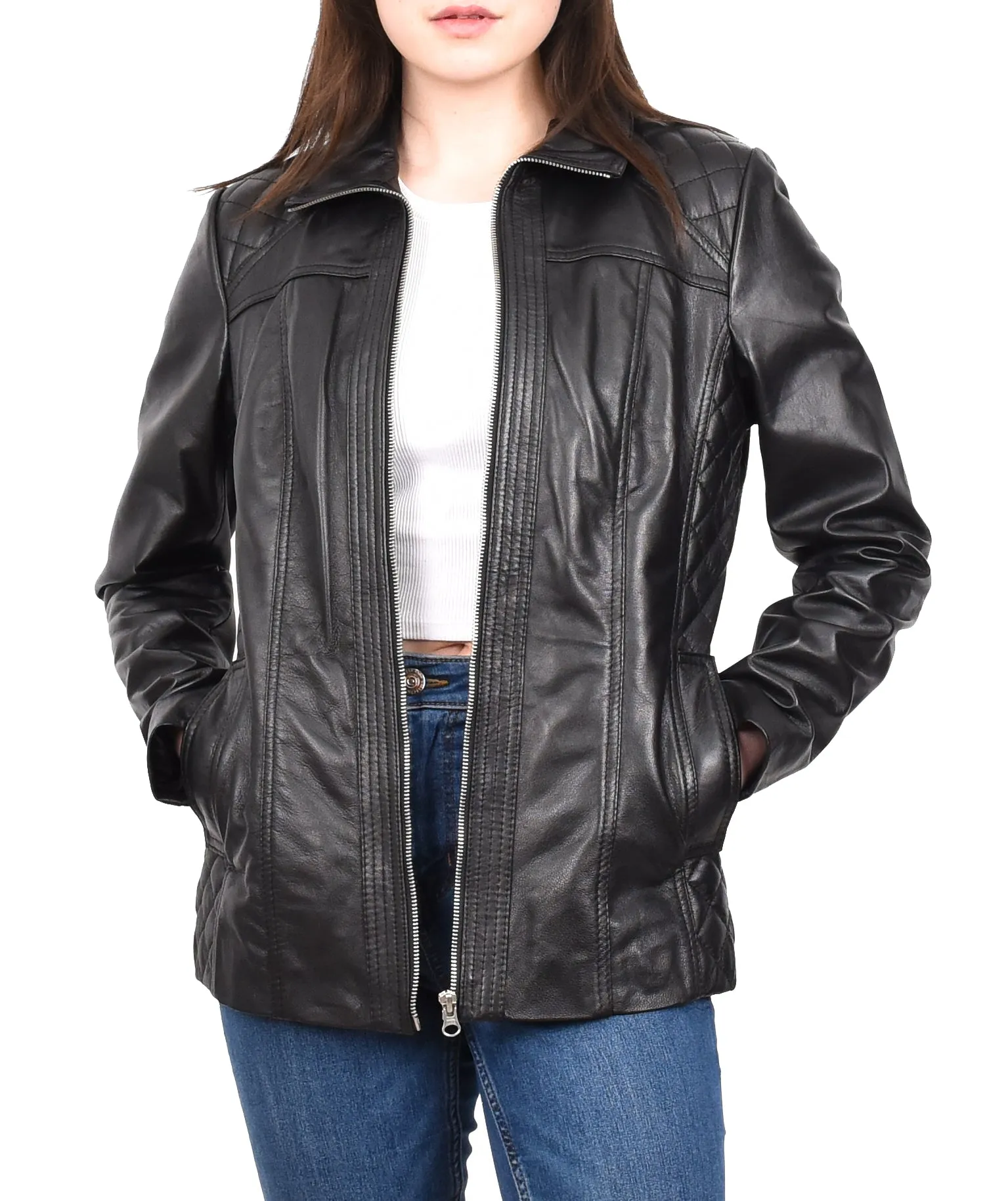 Women's Genuine Leather Jacket Zip Quilted Black Aquila
