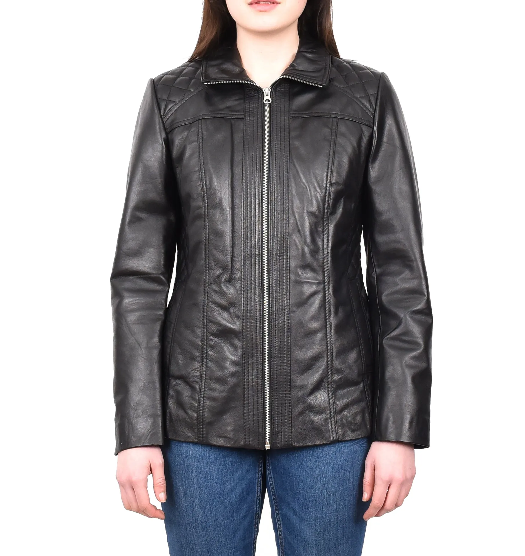Women's Genuine Leather Jacket Zip Quilted Black Aquila