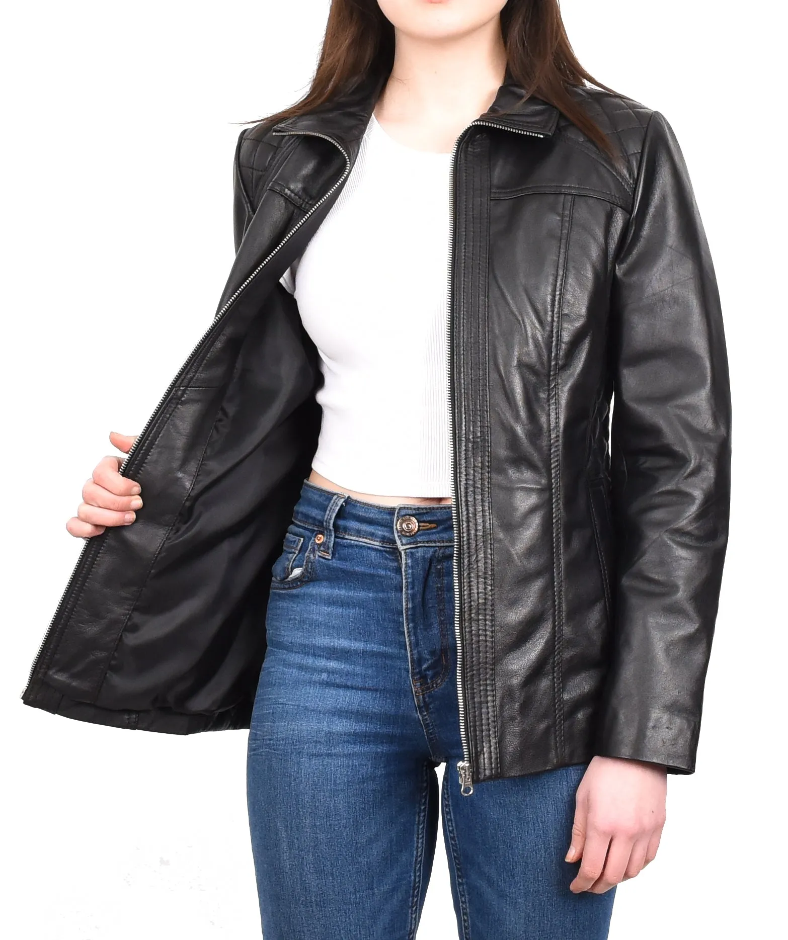 Women's Genuine Leather Jacket Zip Quilted Black Aquila