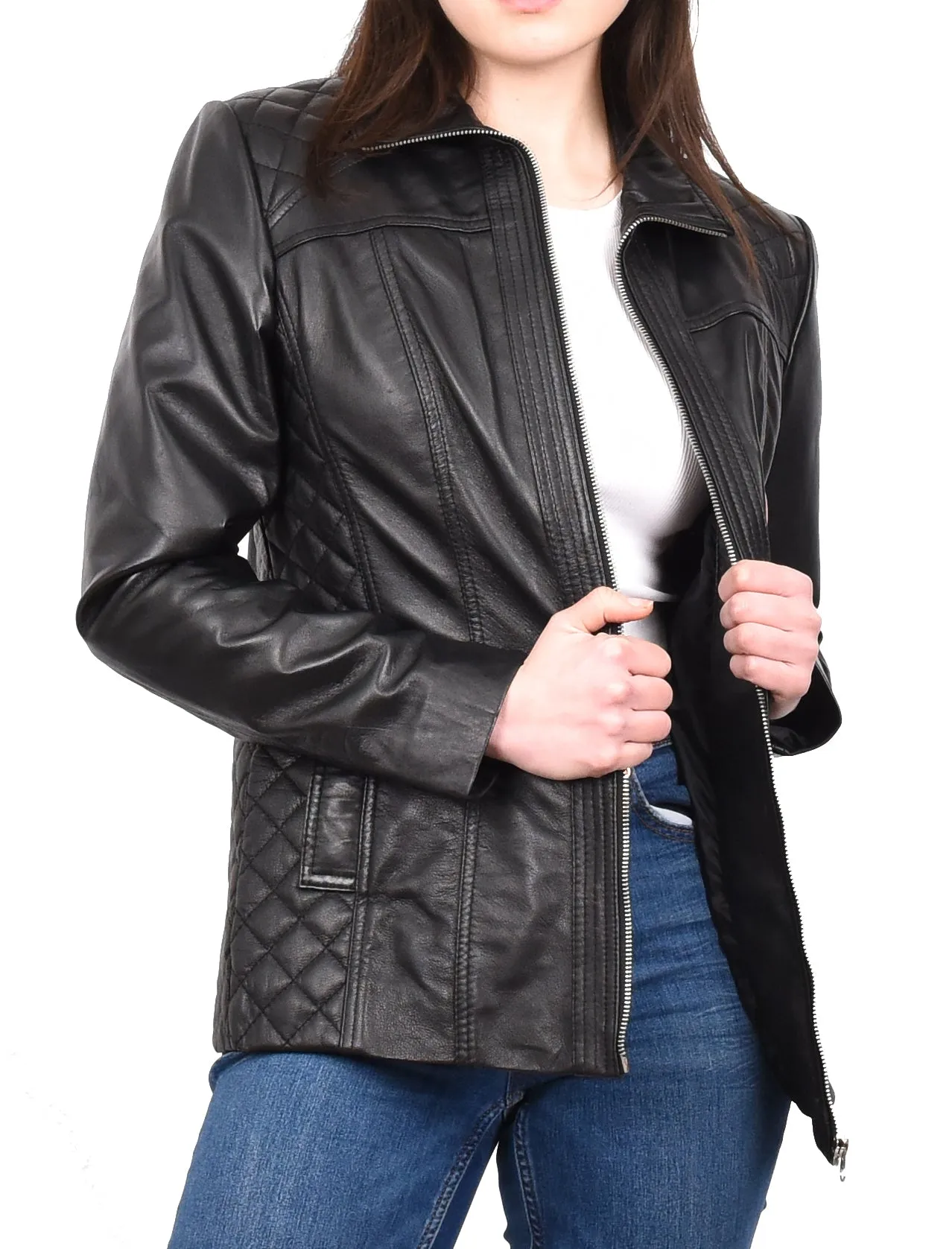Women's Genuine Leather Jacket Zip Quilted Black Aquila
