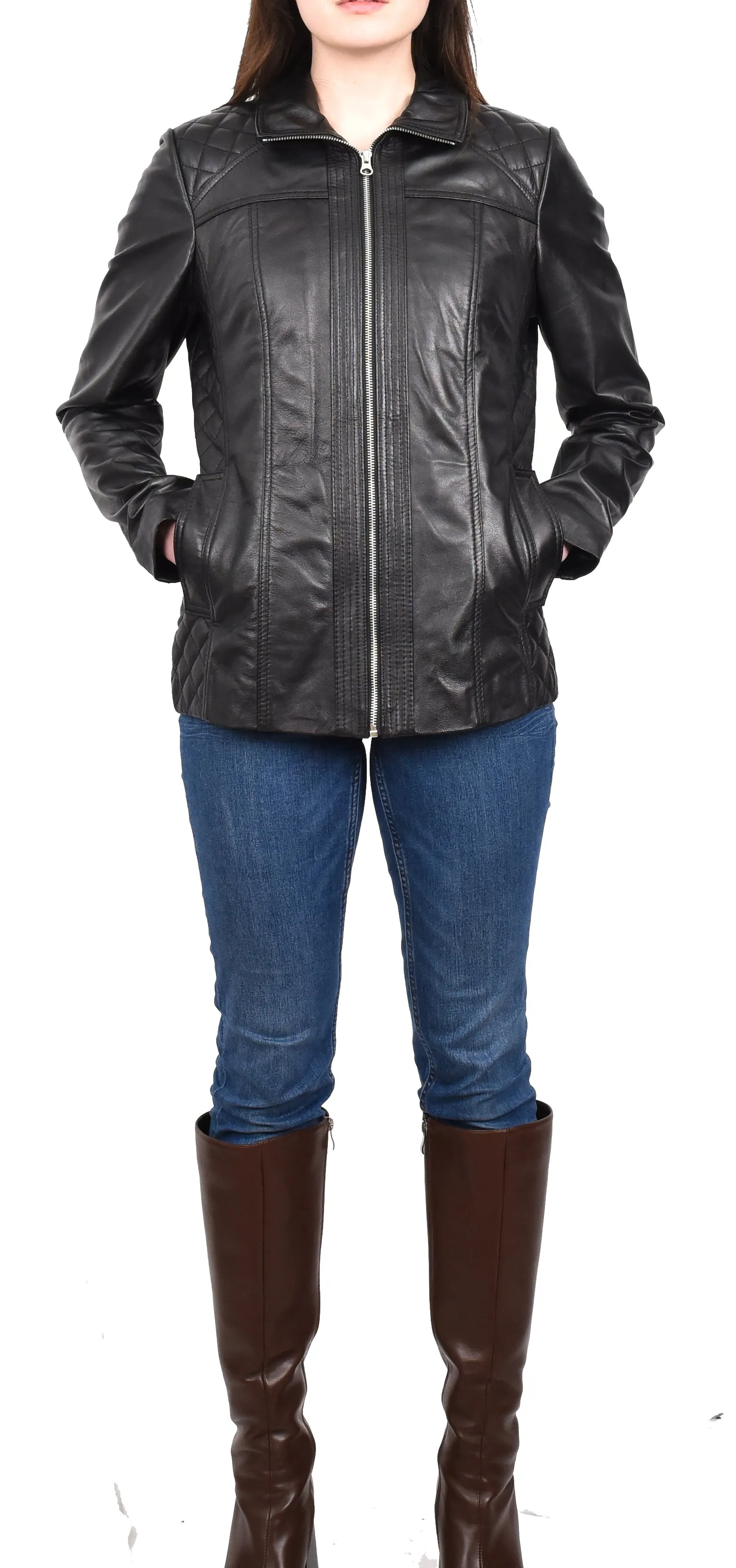 Women's Genuine Leather Jacket Zip Quilted Black Aquila