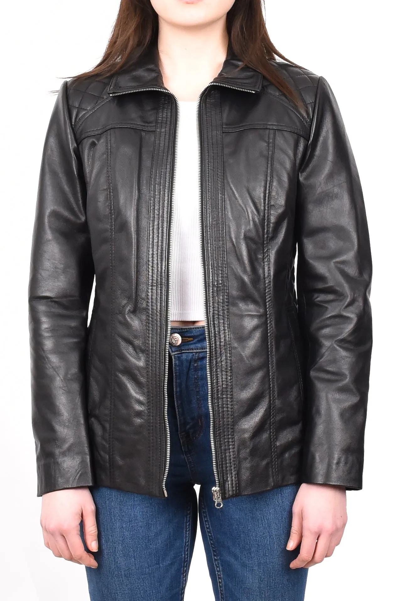 Women's Genuine Leather Jacket Zip Quilted Black Aquila