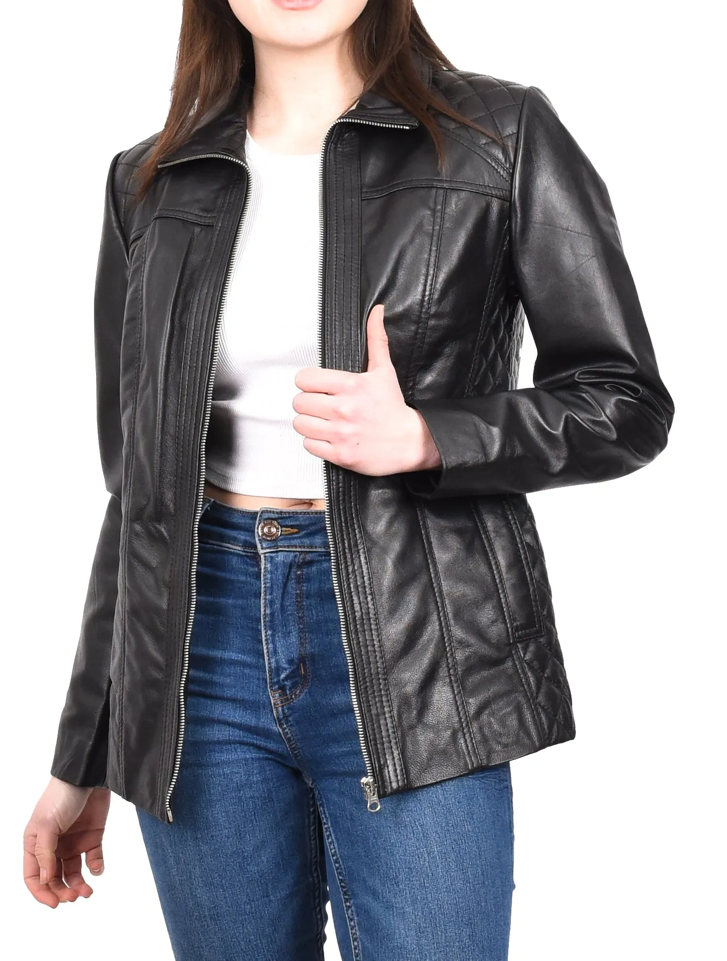 Women's Genuine Leather Jacket Zip Quilted Black Aquila